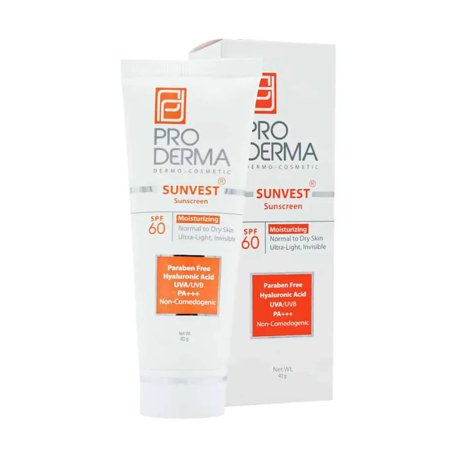 کرم ضد آفتاب و مرطوب کننده پرودرما SPF60 مدل Sunvest مناسب پوست های معمولی و خشک فاقد رنگ حجم 40 گرم