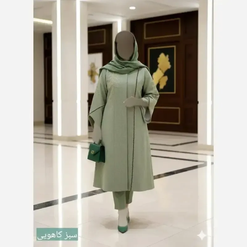 مانتو گلدوزی شده مدل رویسا پارچه شانتون اسلپ قد 109 سانت — تصویر 1