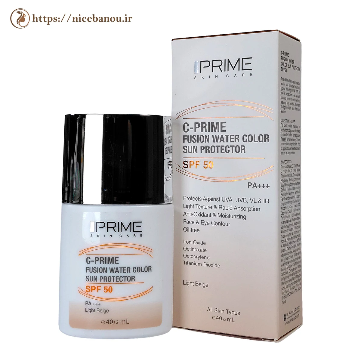 فلوئید ضد آفتاب رنگی پرایم C-Prime فیوژن واتر SPF50 بژ روشن 40 میلیلیتر — تصویر 1