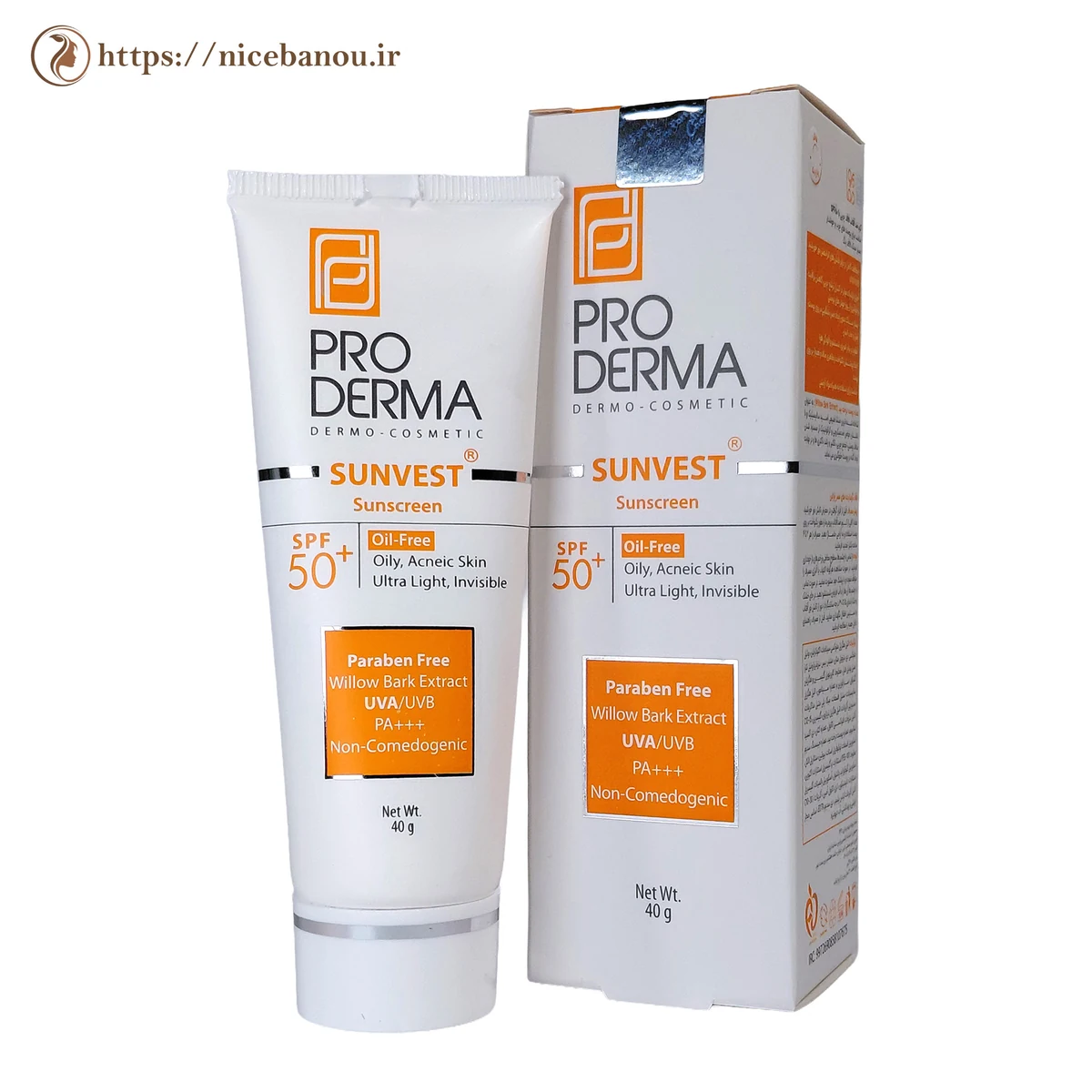 کرم ضد آفتاب بیرنگ فاقد چربی پرودرما Sunvest SPF50+ مناسب پوست چرب و جوشدار 40 گرم