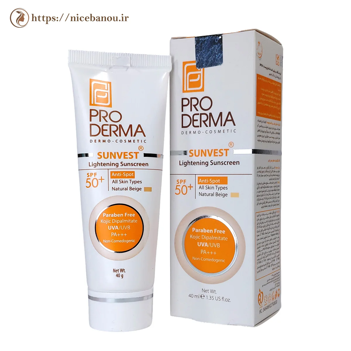 کرم ضد آفتاب رنگی ضد لک و روشنکننده پرودرما Sunvest SPF50+ بژ طبیعی 40 گرم