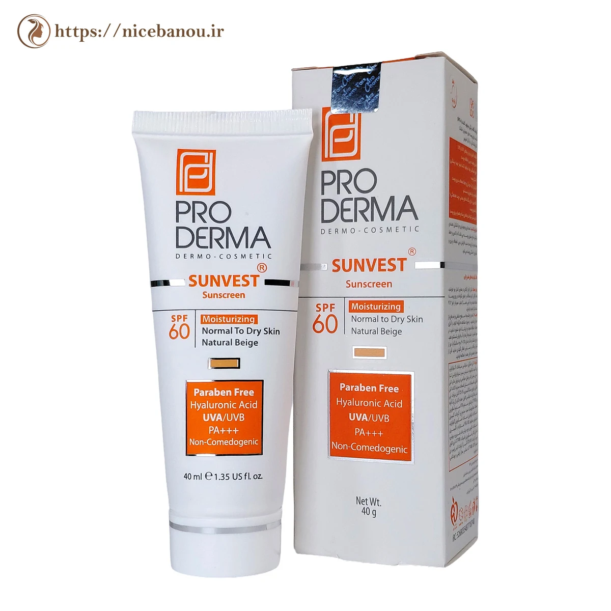 کرم ضد آفتاب رنگی و مرطوبکننده پرودرما SPF 60 بژ طبیعی ۴۰ میلیلیتر